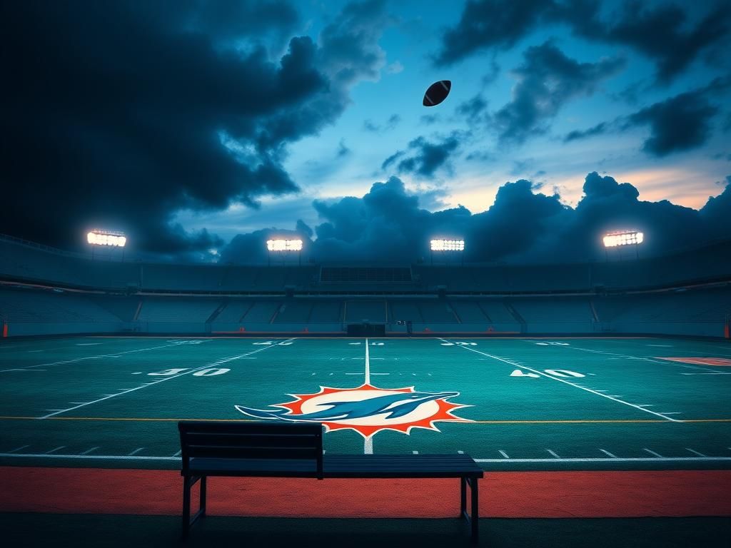 Flick International Vibrant Miami Dolphins football field at dusk with the dolphins logo and storm clouds overhead