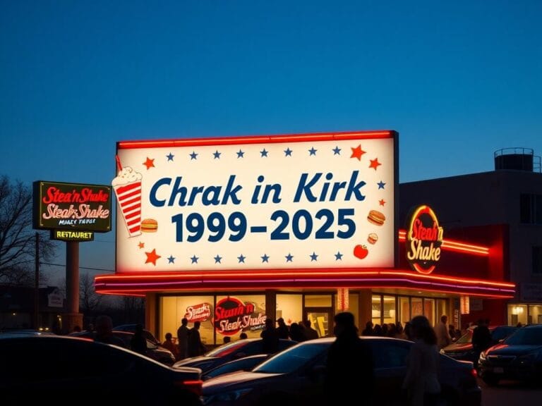 Flick International A vibrant Steak 'n Shake restaurant exterior with a tribute billboard for Charlie Kirk under a clear dusk sky.