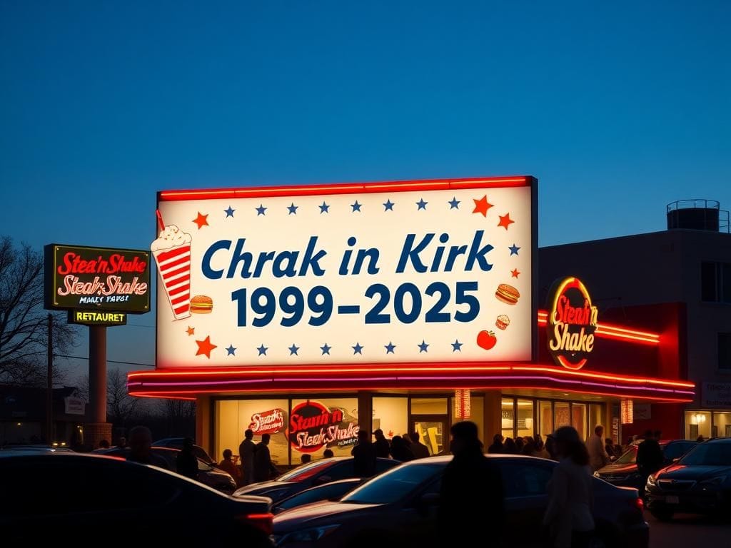 Flick International A vibrant Steak 'n Shake restaurant exterior with a tribute billboard for Charlie Kirk under a clear dusk sky.