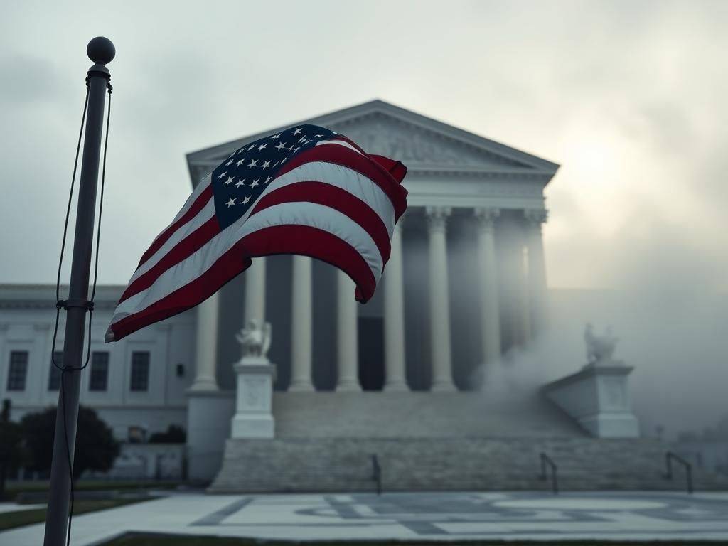 Flick International Weathered American flag waving in front of the U.S. Supreme Court building