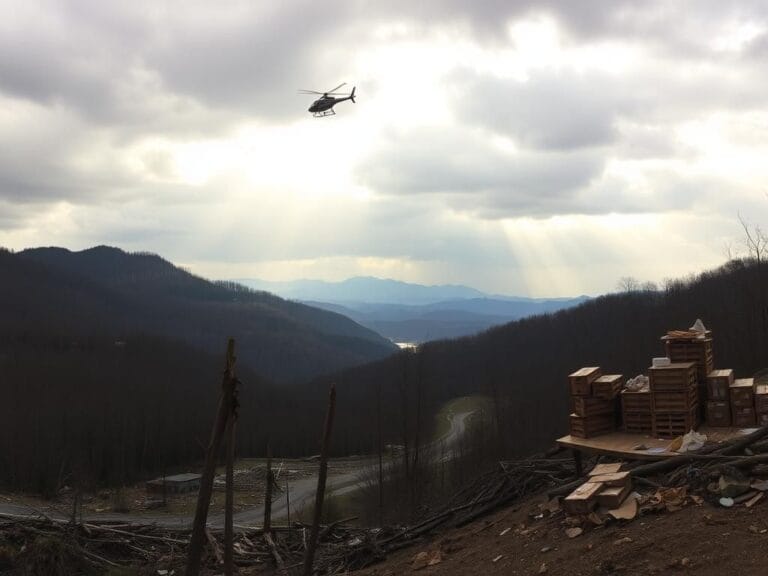 Flick International A panoramic view of the devastated mountains in western North Carolina after Hurricane Helene, featuring debris and a helicopter surveying the area.