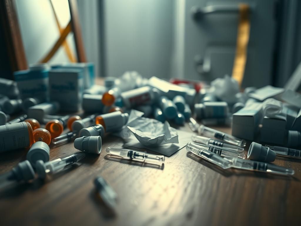 Flick International Close-up of a cluttered wooden table filled with weight loss drug vials and empty injectable needles