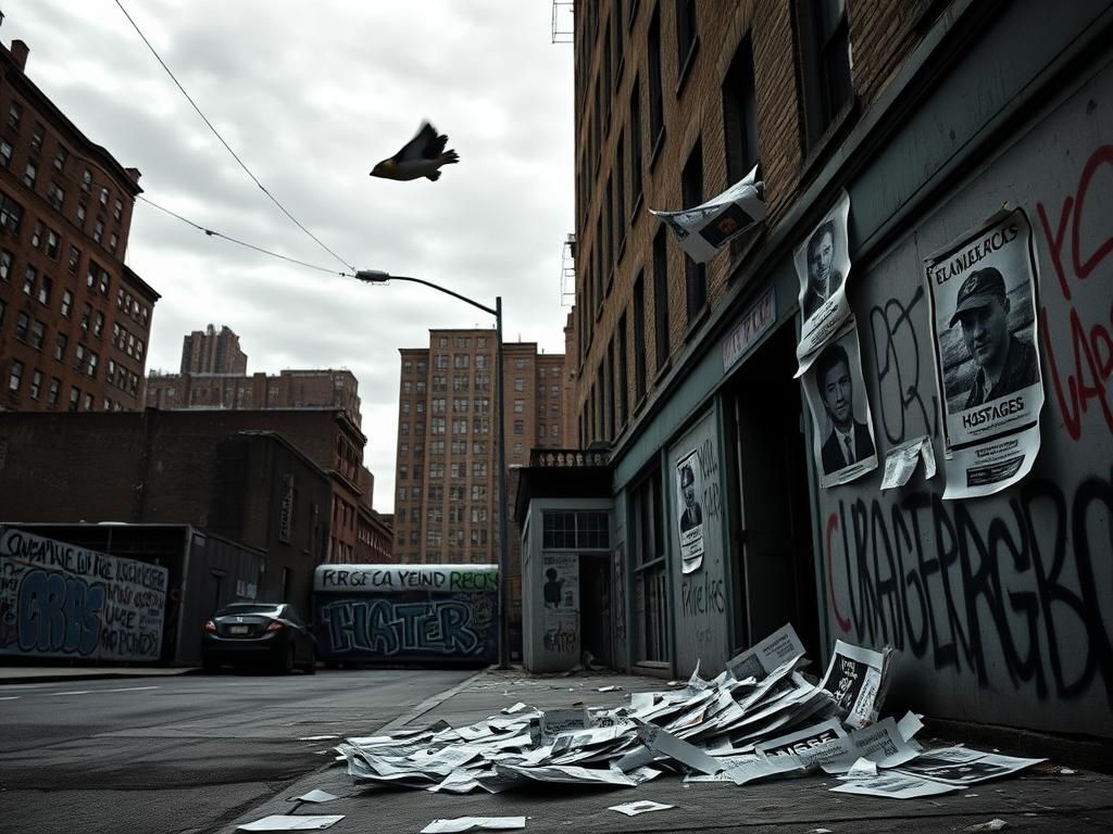 Flick International Urban scene in New York City with torn posters of Israeli hostages flapping in the wind