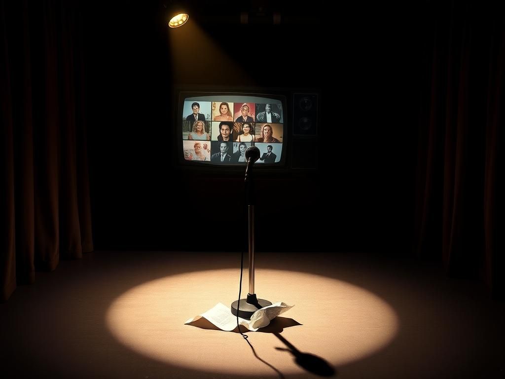 Flick International Dramatic comedy club stage illuminated by a single spotlight, with a microphone stand and a crumpled piece of paper symbolizing past struggles.