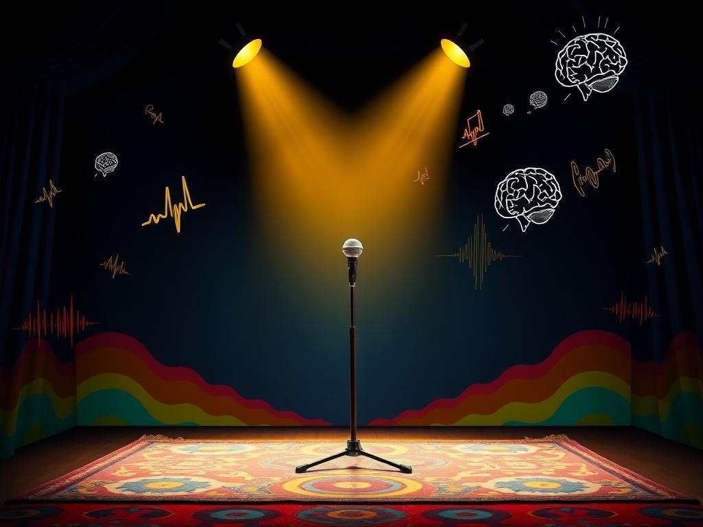Flick International A vibrant comedy stage with a microphone on a stand, illuminated by a spotlight