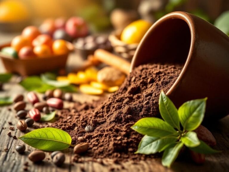 Flick International Close-up view of rich dark cocoa powder spilling from an earthenware bowl with cocoa beans and green leaves.