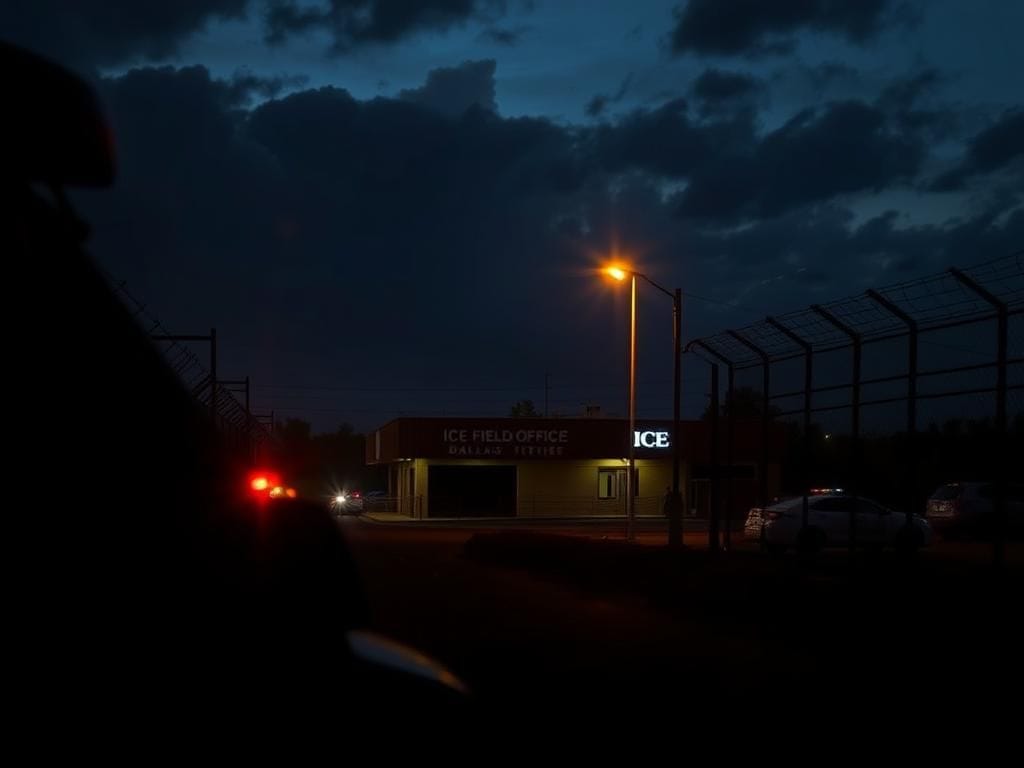 Flick International Dimly lit ICE field office in Dallas, surrounded by barbed wire and emergency lights
