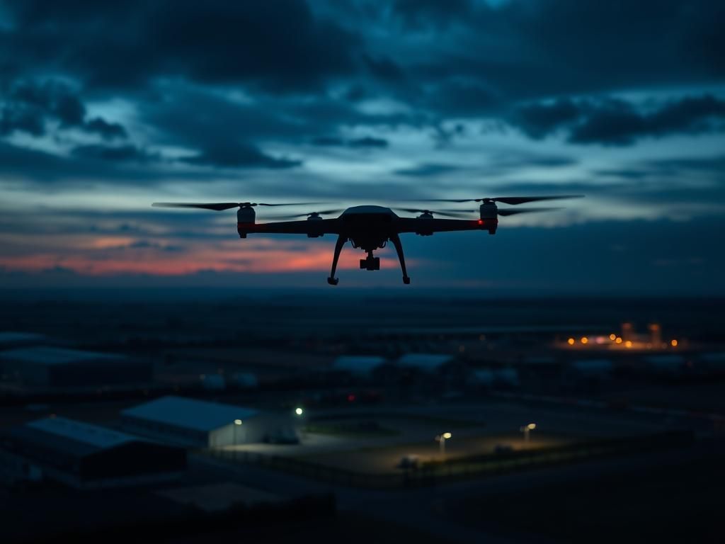 Flick International Aerial view of a military base in Denmark at twilight with drones hovering overhead