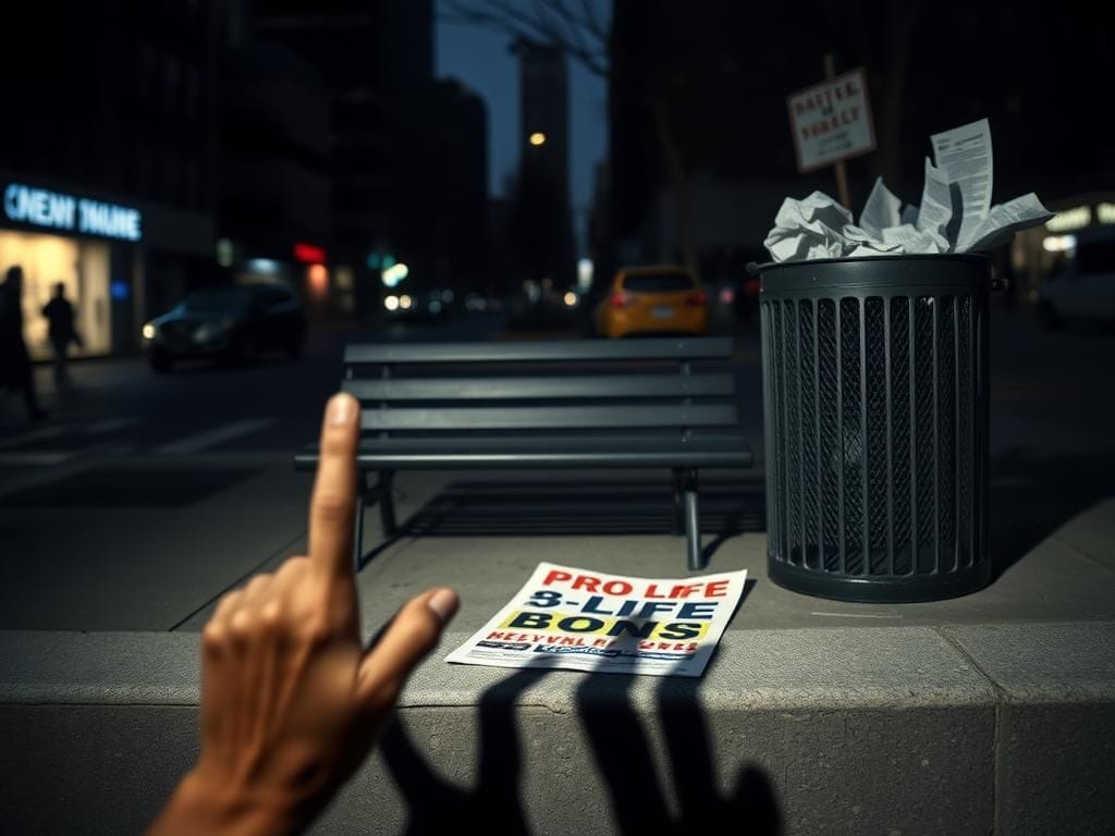 Flick International Dimly lit urban scene in New York City with a park bench and discarded pro-life flyer on the ground