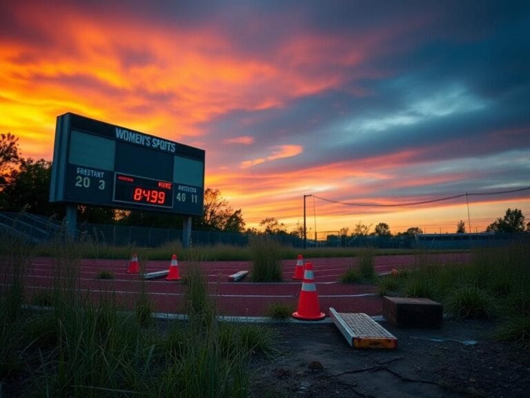 Flick International Abandoned sports field at dusk with worn-out athletic equipment symbolizing the struggle for women's sports