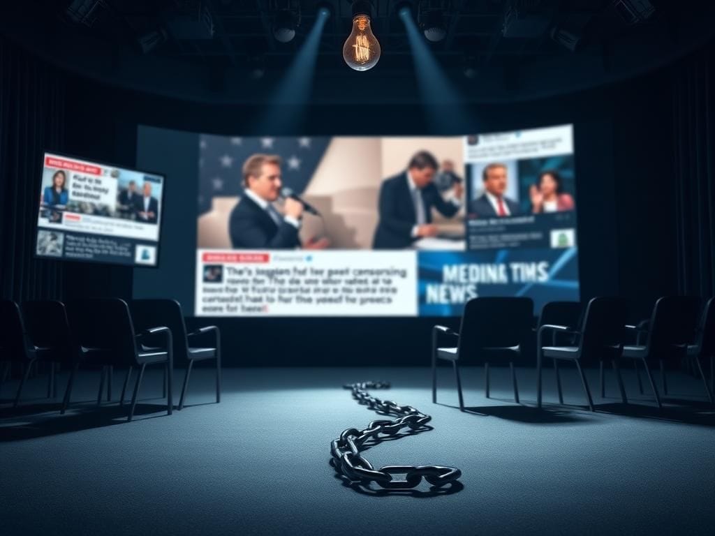 Flick International Dimly lit television studio with empty chairs and microphones highlighting media silence