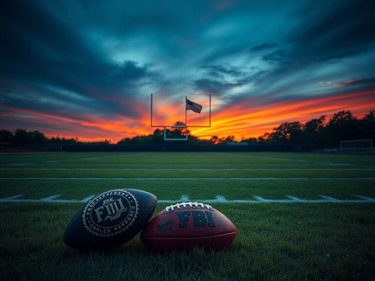 Flick International A symbolic representation of the intersection between sports and law enforcement on an NFL field at sunset