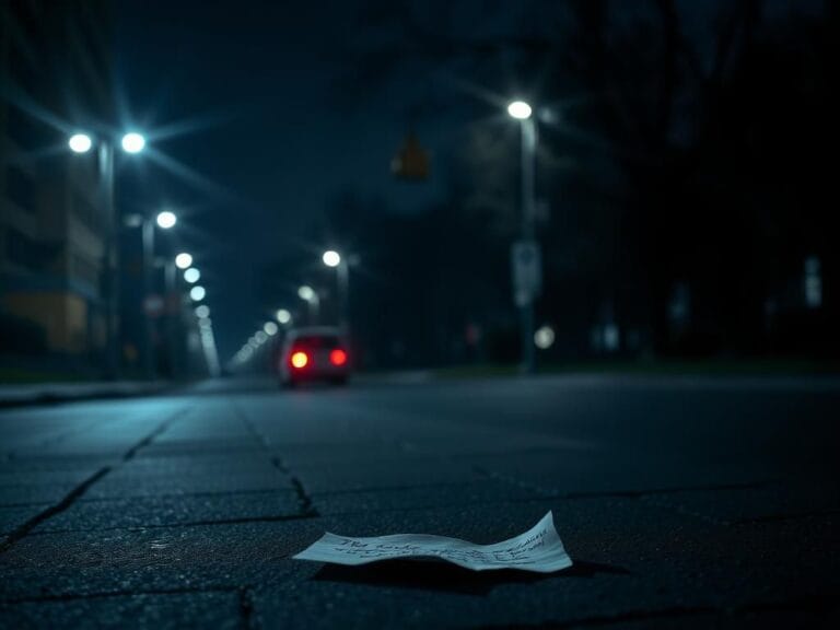 Flick International Dark urban street at night with flickering streetlights and shadows.