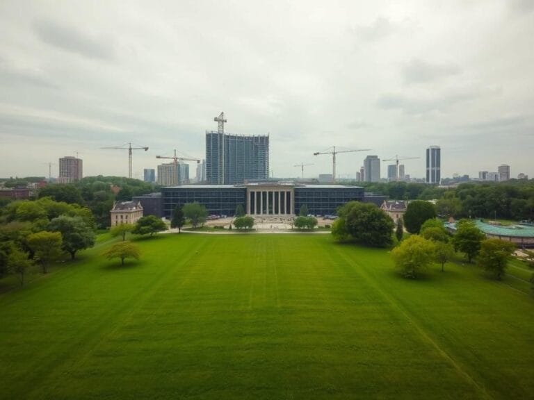Flick International Aerial view of the Obama Presidential Center construction site showing unfinished building amidst green parkland