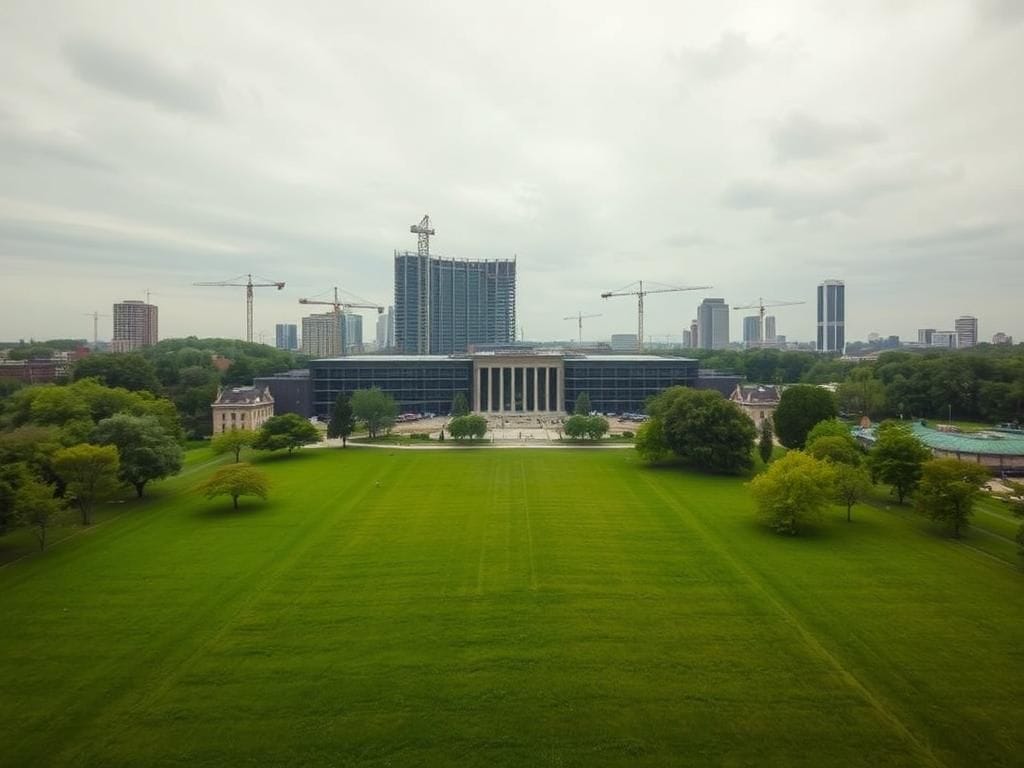 Flick International Aerial view of the Obama Presidential Center construction site showing unfinished building amidst green parkland