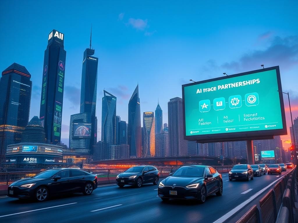 Flick International A futuristic city skyline featuring AI technology and autonomous vehicles at dusk