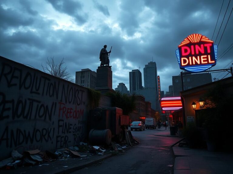 Flick International A dramatic cityscape at dusk showcasing political tension with graffiti and a crumbling statue
