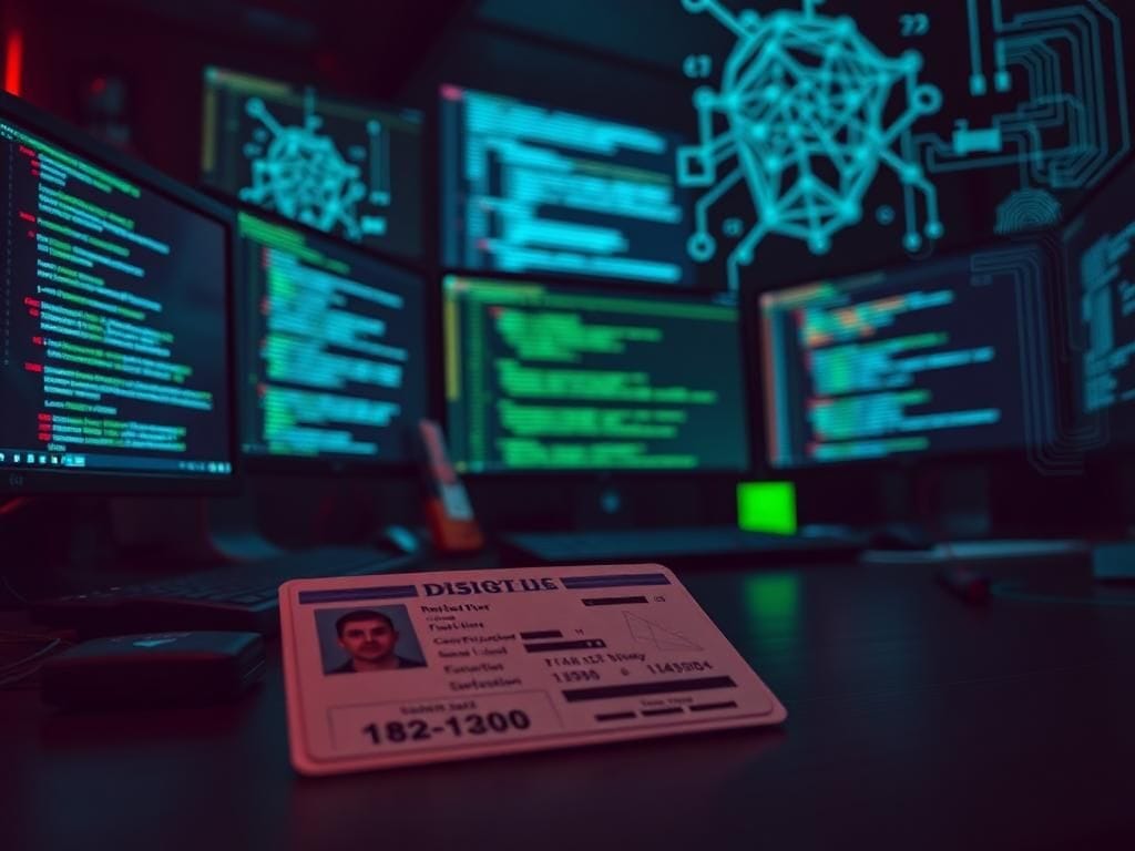 Flick International Dimly lit hacker workspace with computer screens showing code and a partially visible counterfeit military ID