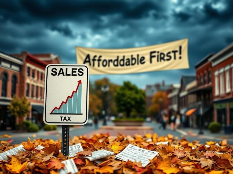 Flick International Street sign indicating 'Sales Tax' with rising chart in a New Jersey town square