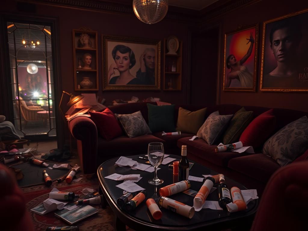 Flick International A dimly lit room reflecting the aftermath of a wild party with chaotic decor and empty bottles.