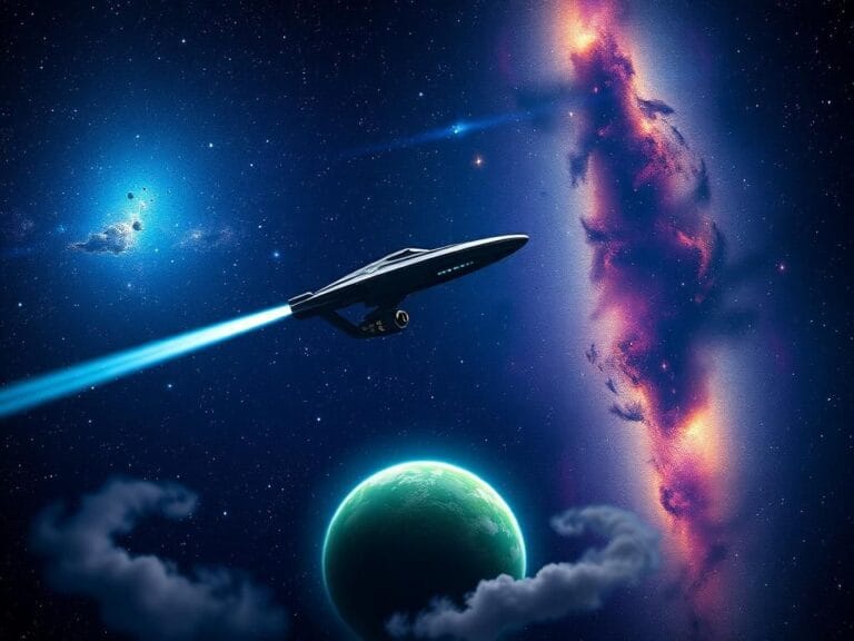 Flick International A sleek, futuristic spaceship resembling the USS Enterprise gliding through a starry night sky filled with vibrant galaxies.