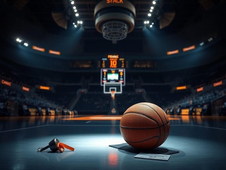 Flick International A basketball court spotlighting a basketball, symbolizing the intensity of a WNBA game with a controversial finish