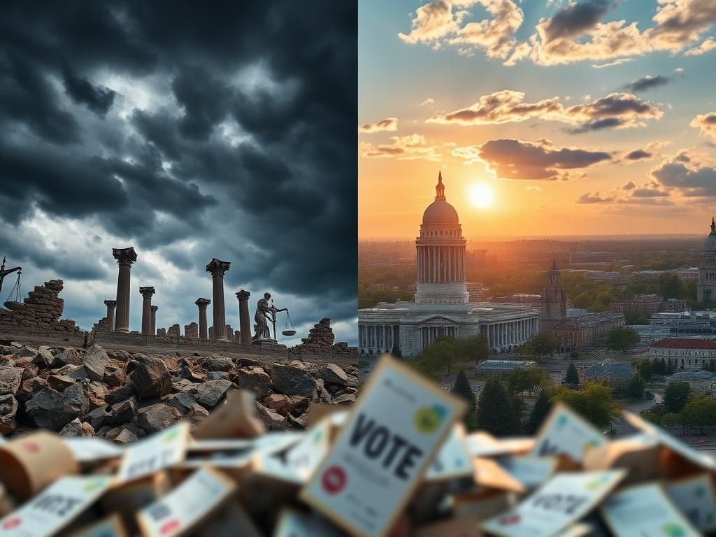 Flick International A split image depicting contrasting political landscapes, symbolizing polarization in the United States.