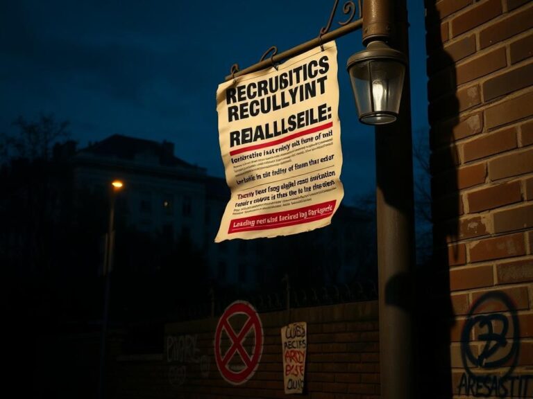 Flick International Urban landscape with university building and recruitment flyer promoting anti-capitalist sentiments