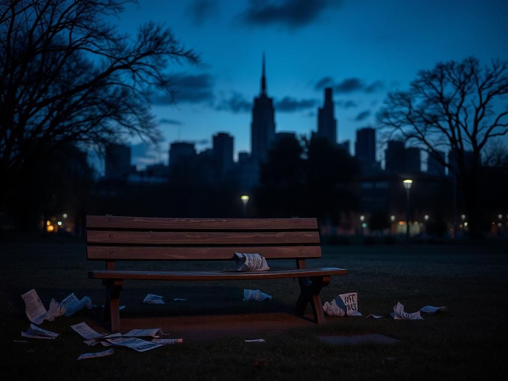 Flick International Empty park bench with political protest signs scattered around in a twilight setting