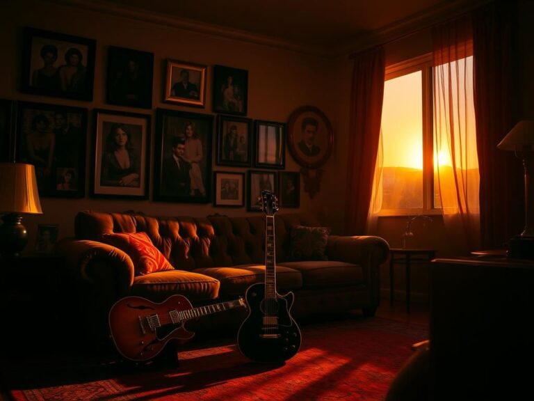 Flick International A vintage living room with a plush velvet couch and a guitar, reflecting the nostalgia of the 1970s.