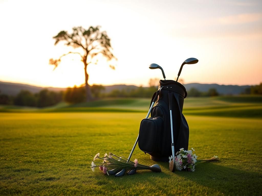 Flick International Abandoned golf clubs and flowers on a serene golf course at sunrise
