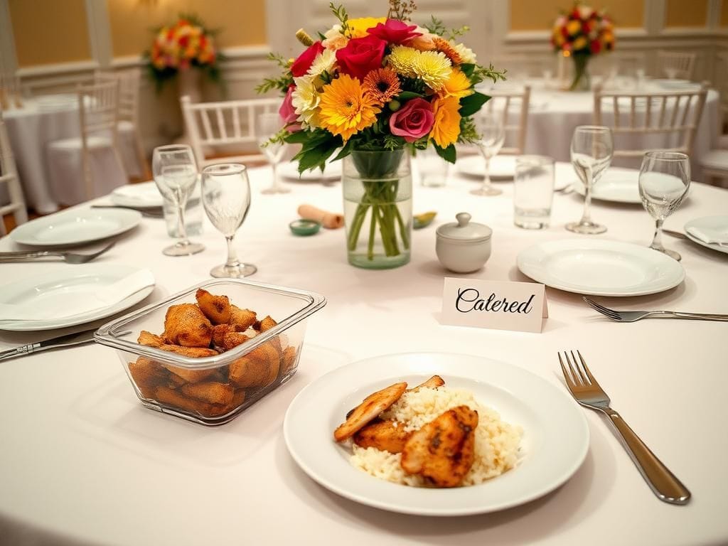 Flick International A wedding reception table with a Tupperware of grilled chicken and rice symbolizing dietary restrictions