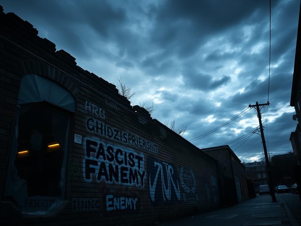 Flick International A dark urban street scene with a crumbling brick wall covered in political graffiti