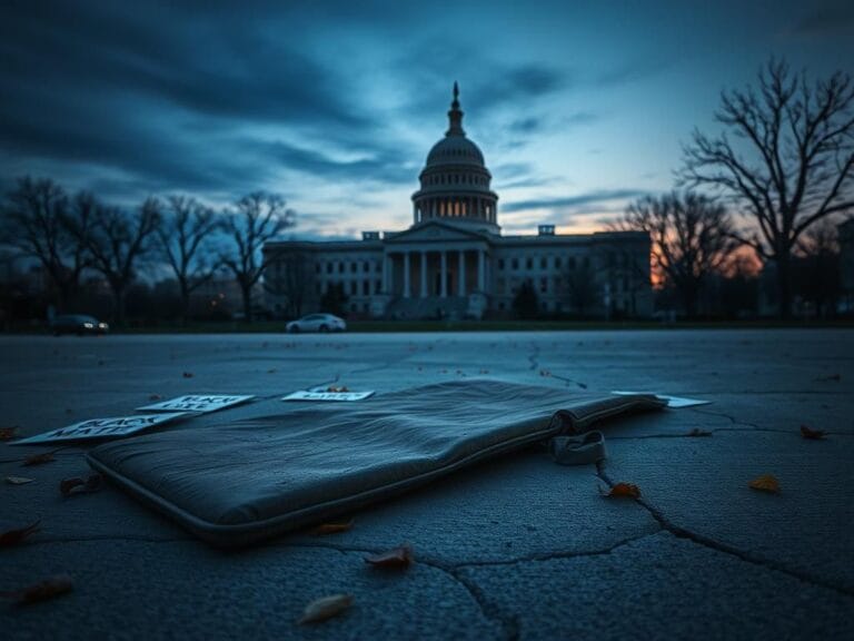 Flick International A weathered kneeling pad on a cracked concrete surface surrounded by protest signs in an empty urban landscape at dusk.
