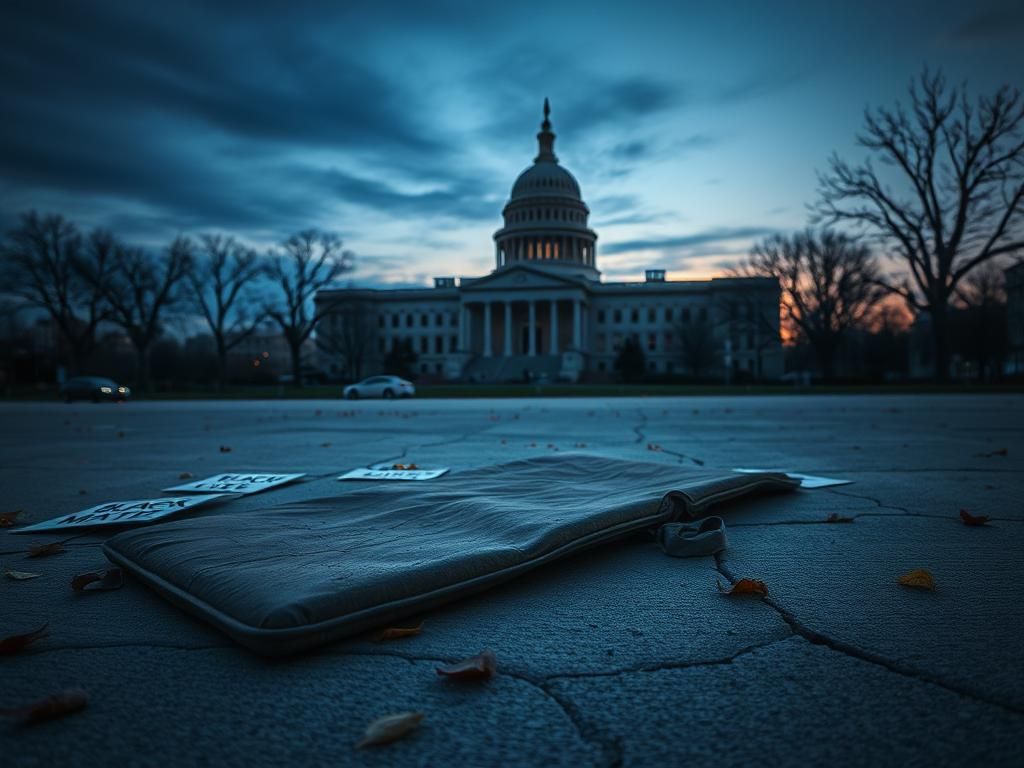 Flick International A weathered kneeling pad on a cracked concrete surface surrounded by protest signs in an empty urban landscape at dusk.