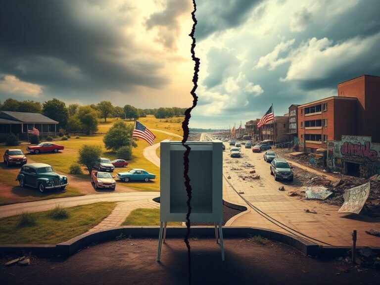 Flick International A symbolic representation of a divided America with a cracked landscape showing nostalgic and chaotic elements.