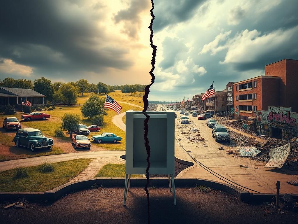 Flick International A symbolic representation of a divided America with a cracked landscape showing nostalgic and chaotic elements.