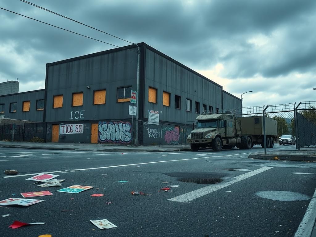 Flick International Urban scene in Portland depicting a fortified ICE facility with anti-ICE graffiti and military transport vehicle