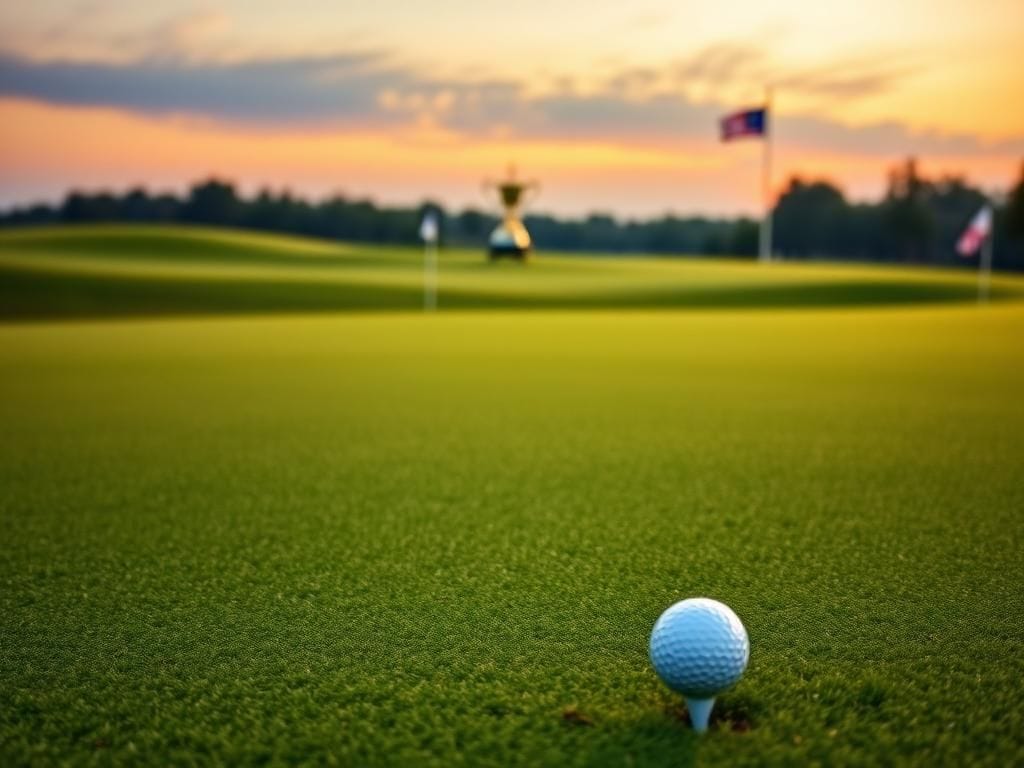 Flick International Pristine golf ball on a tee at dawn on a serene Ryder Cup golf course
