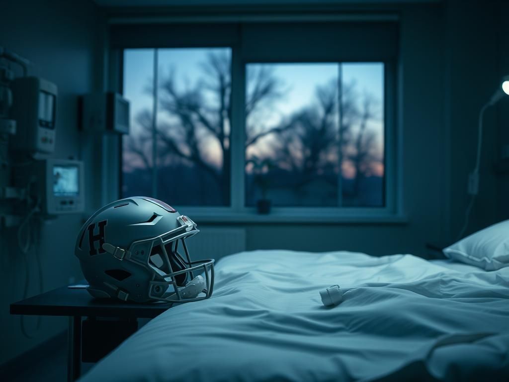 Flick International Hospital room with a bed, empty football helmet, and potted plant symbolizing resilience