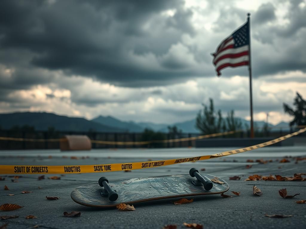 Flick International Abandoned skateboard in a quiet skate park surrounded by caution tape, symbolizing loss and tragedy