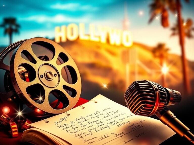 Flick International A vibrant collage showcasing Hollywood's glitz and drama, featuring a vintage film reel, classic microphone, and script.