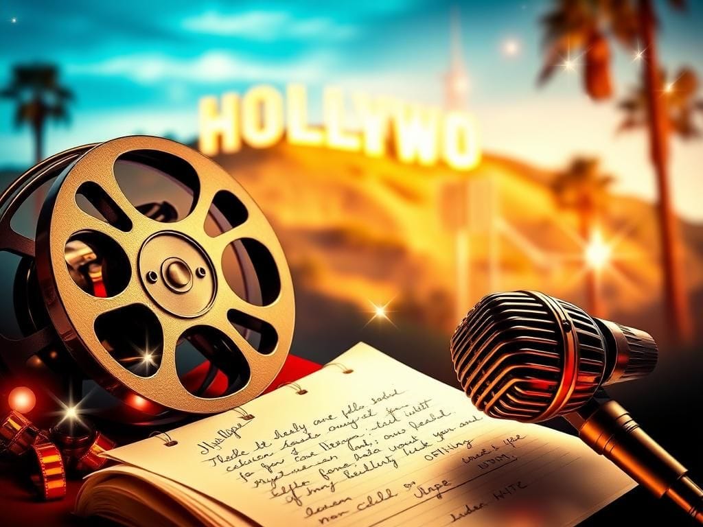 Flick International A vibrant collage showcasing Hollywood's glitz and drama, featuring a vintage film reel, classic microphone, and script.