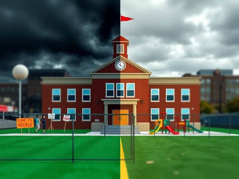 Flick International Abstract representation of a divided community surrounding a public school building in Des Moines, Iowa.