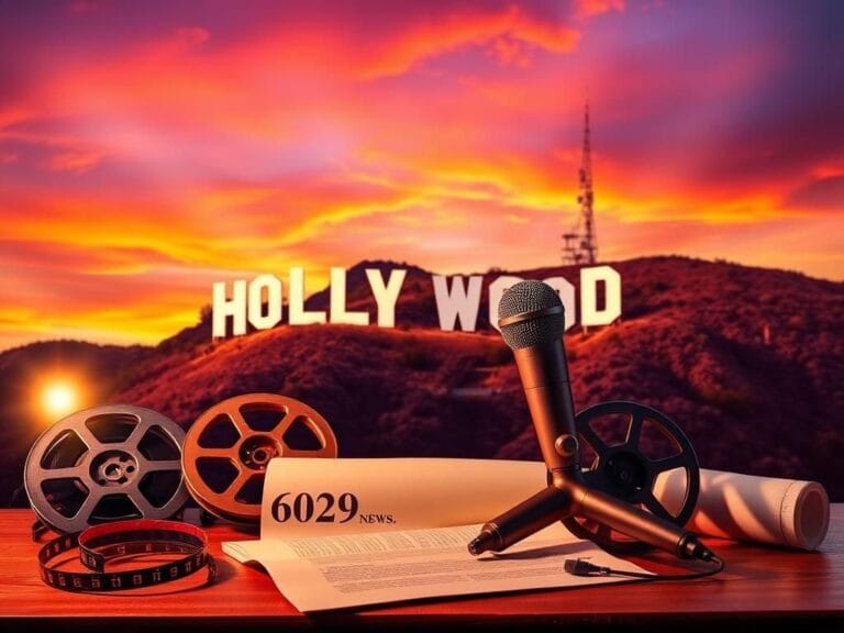 Flick International Vibrant Hollywood sign against a colorful sunset with film reels and vintage microphone