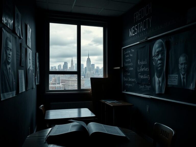 Flick International Dimly lit classroom filled with civil rights and Black liberation movement posters, reflecting somber themes of struggle and freedom.