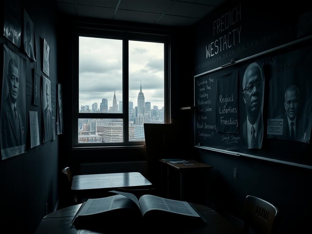 Flick International Dimly lit classroom filled with civil rights and Black liberation movement posters, reflecting somber themes of struggle and freedom.