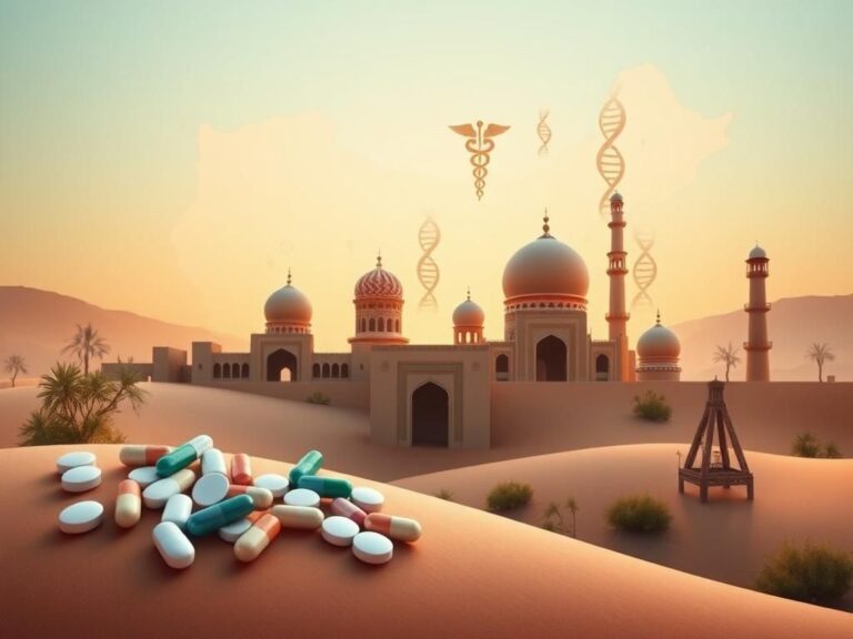 Flick International Conceptual image showing collaboration between the US and Middle Eastern countries with pharmaceuticals and architecture