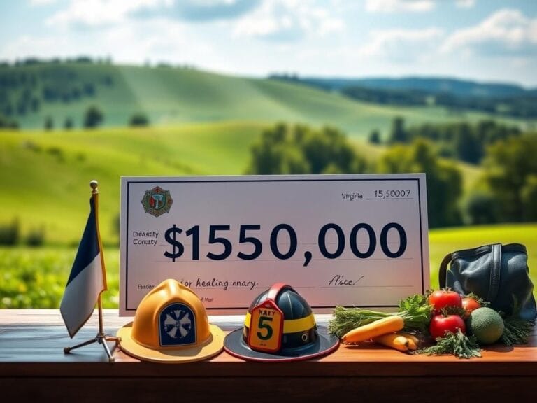 Flick International Large donation check for $150,000 on a wooden table surrounded by Navy flag and firefighter helmet