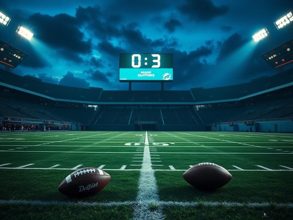 Flick International A dramatic football stadium scene at dusk with an empty field and a scoreboard showing '0-3'.